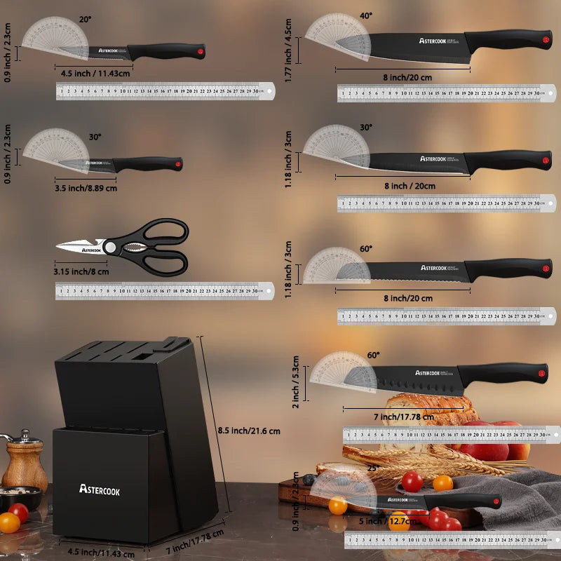 15 Piece Astercook Knife Set with Sharpener Block German Stainless Steel Dishwasher Safe Kitchen Knife with Built-in Sharpener