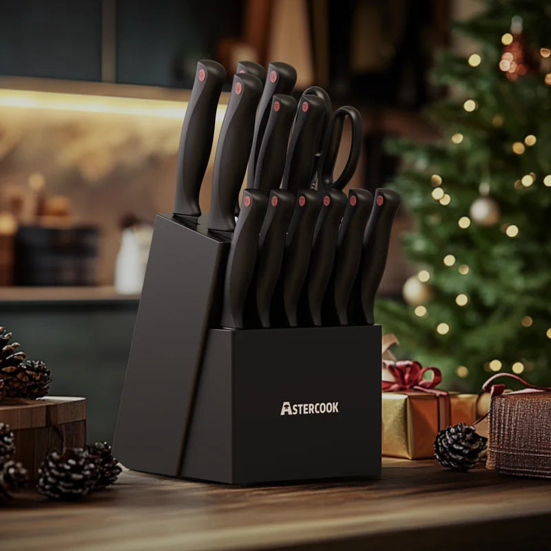 15 Piece Astercook Knife Set with Sharpener Block German Stainless Steel Dishwasher Safe Kitchen Knife with Built-in Sharpener