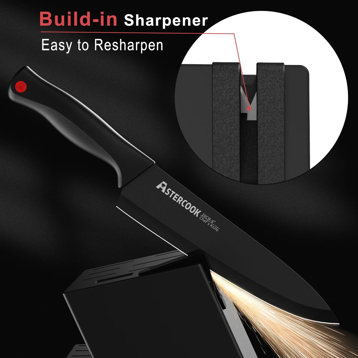 15 Piece Astercook Knife Set with Sharpener Block German Stainless Steel Dishwasher Safe Kitchen Knife with Built-in Sharpener