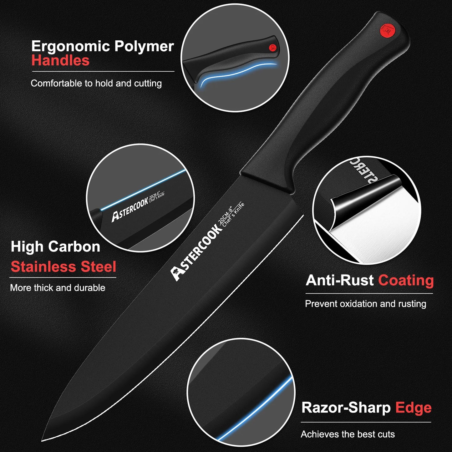 15 Piece Astercook Knife Set with Sharpener Block German Stainless Steel Dishwasher Safe Kitchen Knife with Built-in Sharpener