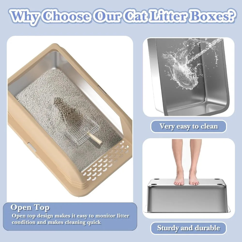 Stainless Steel Cat Litter Box with High Sides and Litter Scooper Easy Clean Anti-Leakage Design for Large Cats
