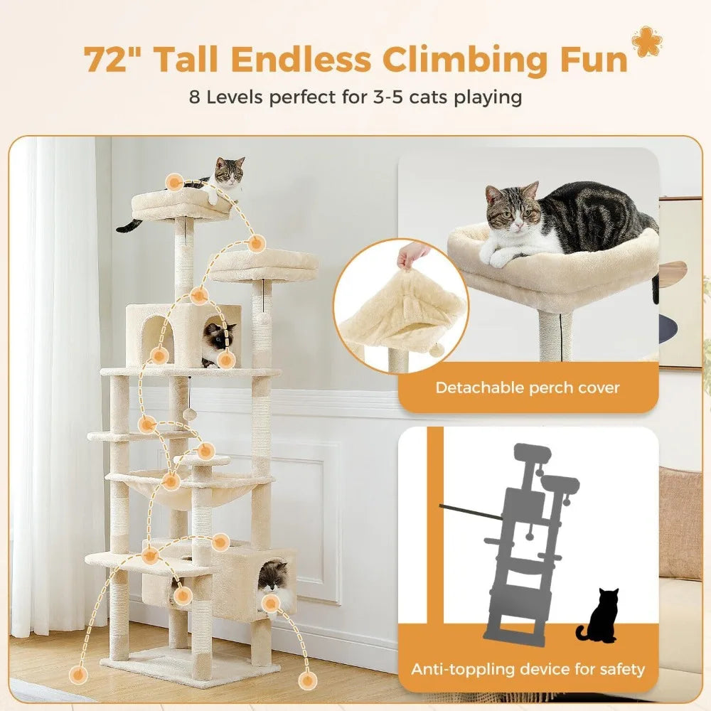 Pawz Road Large Cat Tree 72 Inches Cat Tower for Large Cats Cat Condo with Sisal Covered Scratching Posts and Padded Perches