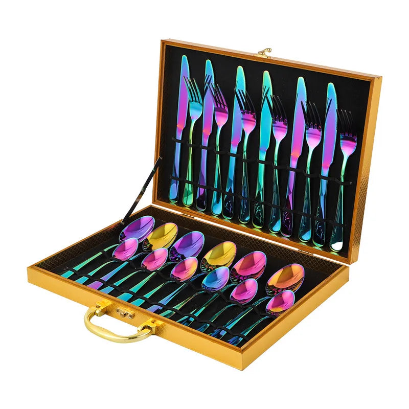 Stainless Steel Tableware Set of 24 Pieces with Wooden Box Western Tableware Knife Fork Spoon