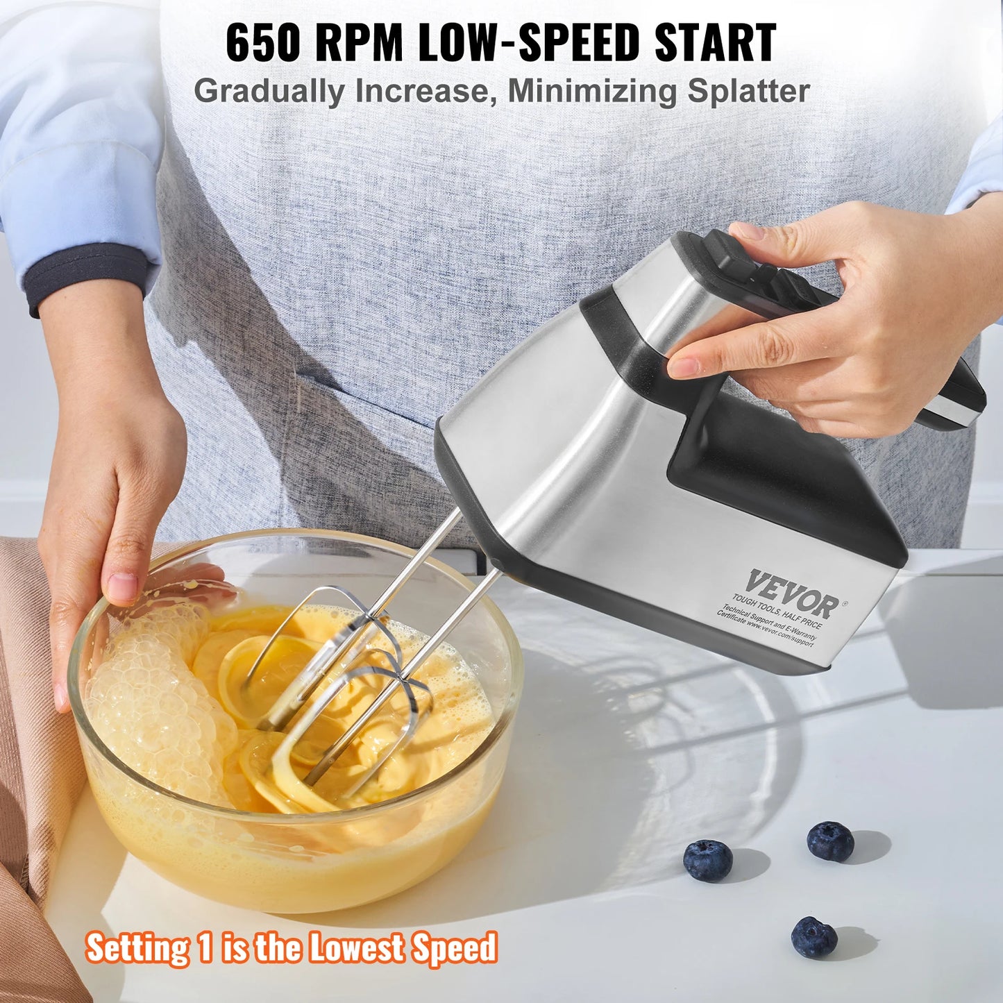 VEVOR Cordless Electric Hand Mixer 5 Gear Speed Handheld Mixer for Baking Whipping Mixing Eggs Cookies Cakes and Cream