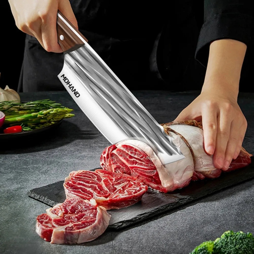 14 Pieces Hand Forged Chef Knife Set With Wood Handle Striped Blade Butcher Boning And Fruit Slicing Knives