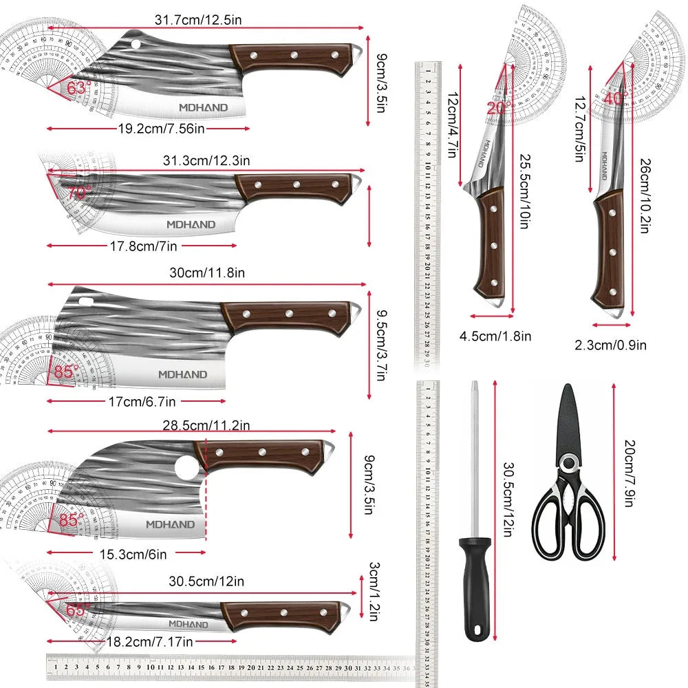 14 Pieces Hand Forged Chef Knife Set With Wood Handle Striped Blade Butcher Boning And Fruit Slicing Knives