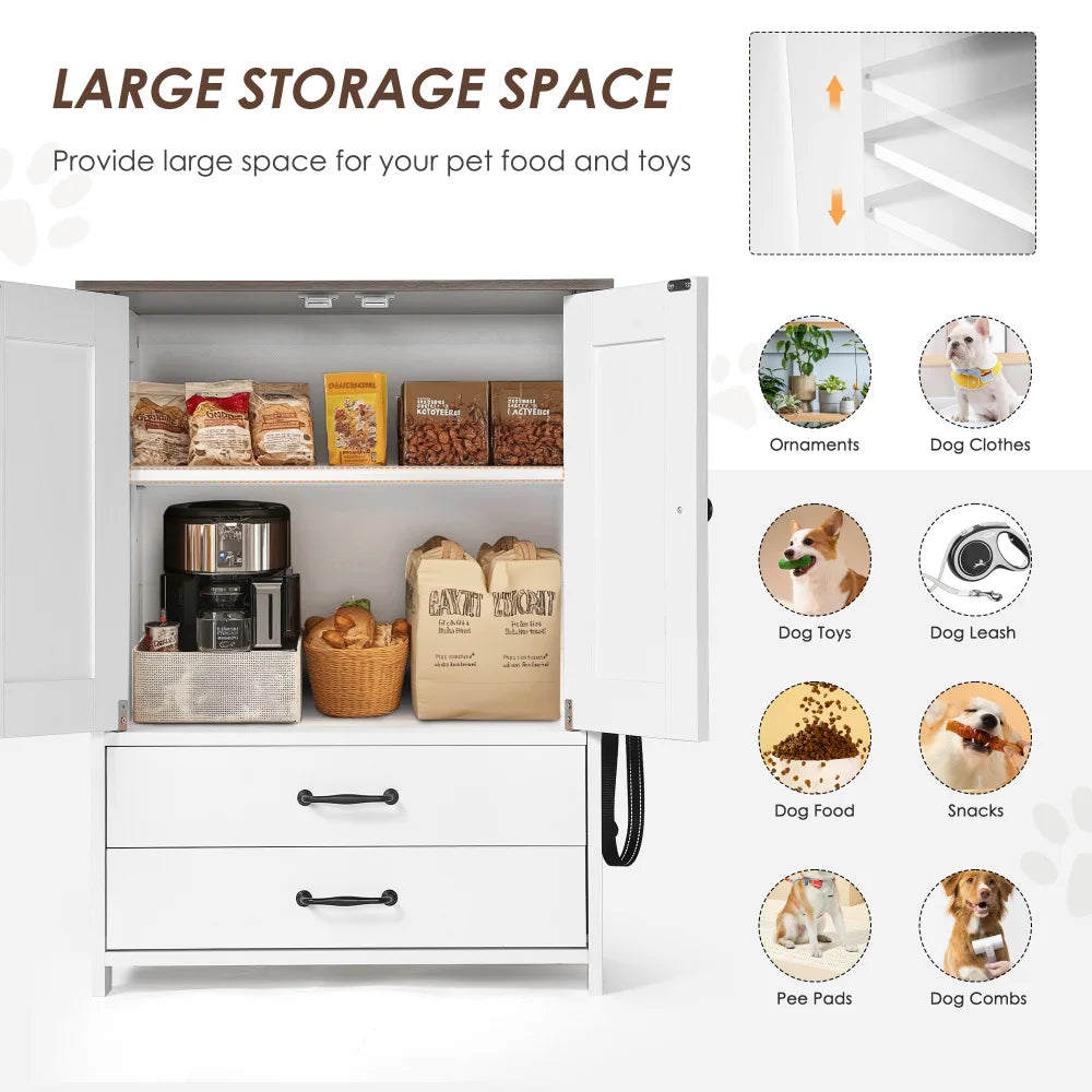 Dog Feeding Station with Double Door Locker and Two Adjustable Bowls Plus Three Hooks in White