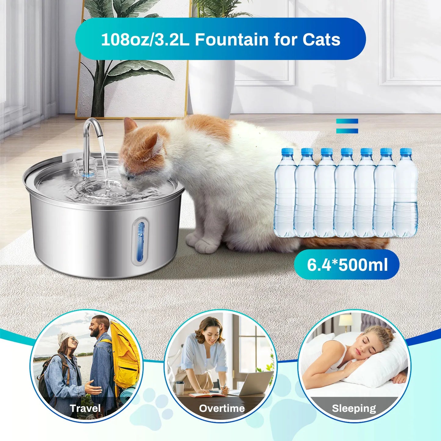 Cat Water Fountain Stainless Steel 108oz 32L Pet Water Fountain With Ultra Quiet Pump Filtration System Water Level Window