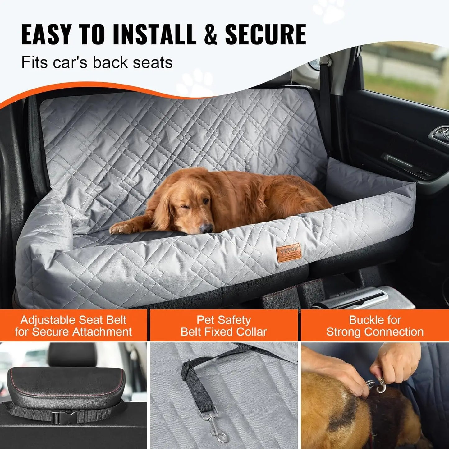 Dog Car Seat Waterproof Dog Booster Seat for Car Pet Seat with Clip-On Safety Leash PP Cotton Filling Vehicle Bed for Medium and Large Pets Up to 100 Pounds