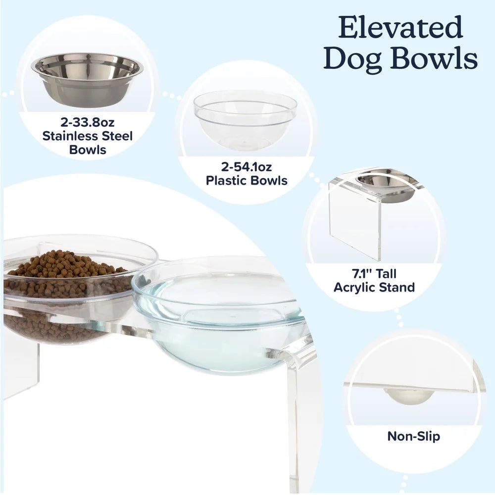 Elevated Dog Cat Bowls Set with Acrylic Stand 7.1 Inch Tall Four Bowls Included Easy Clean Modern Design Stable Feeding Station