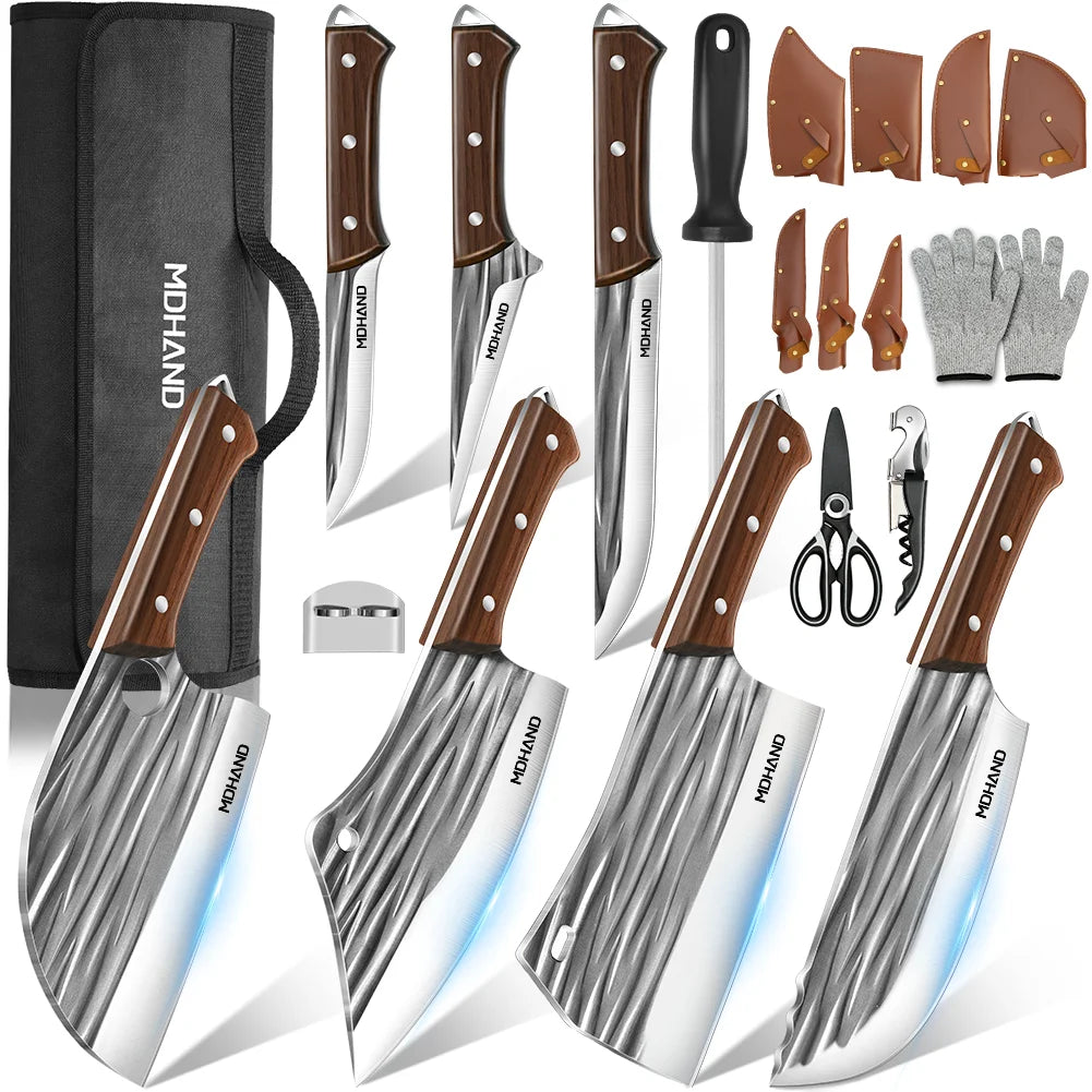Meat Cleaver Knife Set 14 Pieces High Carbon Steel Professional Chef Kitchen Knives with Boning Knife Roll Bag and Accessories