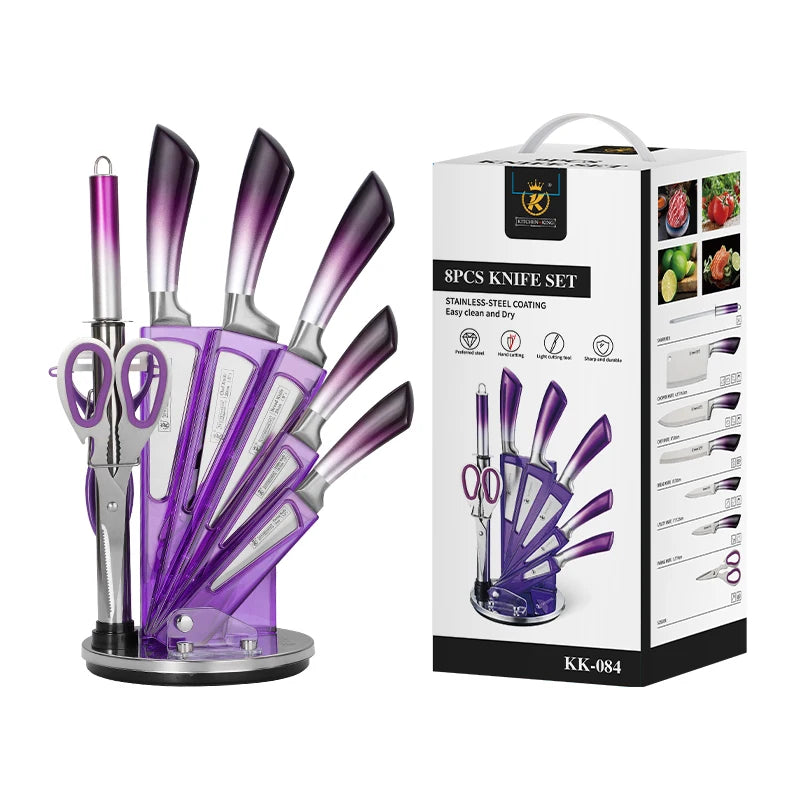 Kitchen Knife Set 9 Pieces Stainless Steel Sharp Non Stick Coated Chef Knives with Sharpener for Cutting Slicing Dicing Chopping