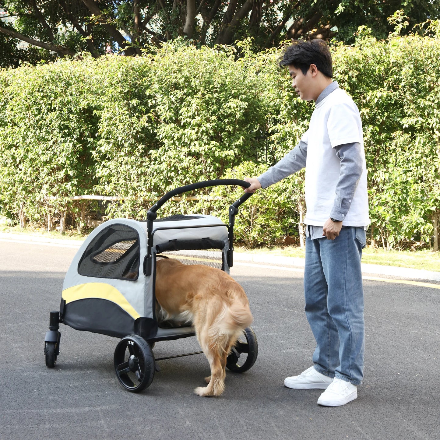 Portable Dog Stroller 4 Wheels Foldable Pet Cat Travel Carriage Breathable Carrier for Outside Play