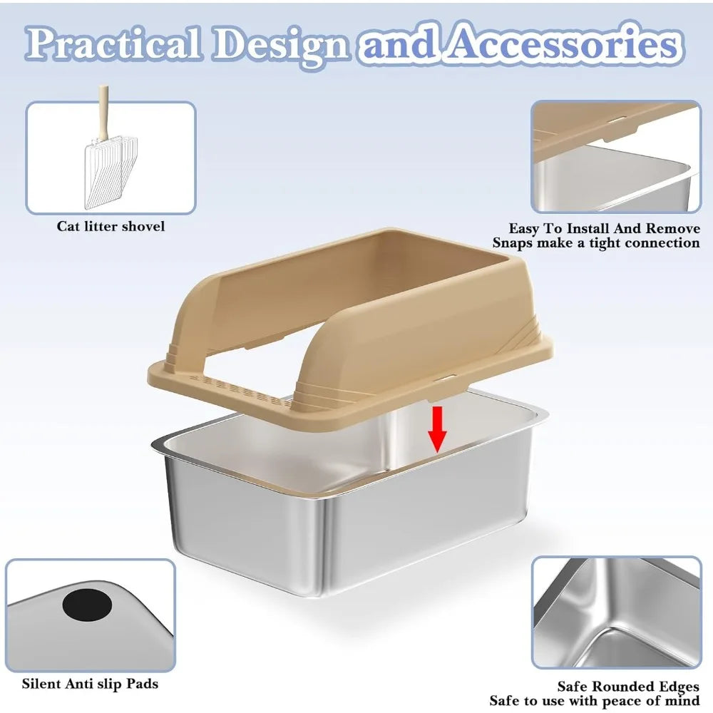 Stainless Steel Cat Litter Box with High Sides and Litter Scooper Easy Clean Anti-Leakage Design for Large Cats