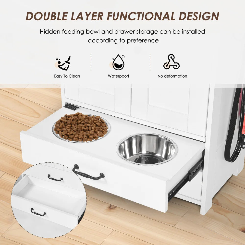 Dog Feeding Station with Double Door Locker and Two Adjustable Bowls Plus Three Hooks in White