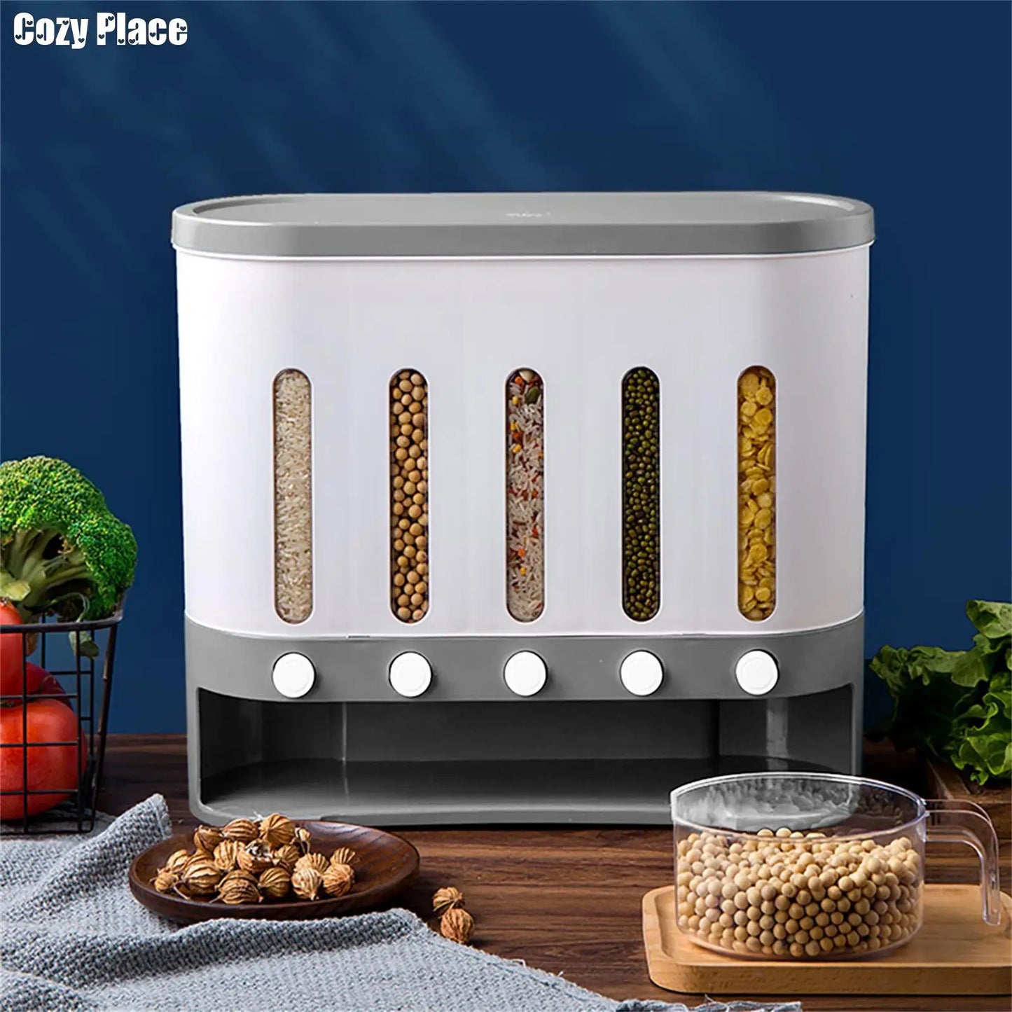Wall Mounted Cereal Dispenser 5 Grid Dry Food Dispenser 10L Rice Grain Storage Container for Kitchen Home