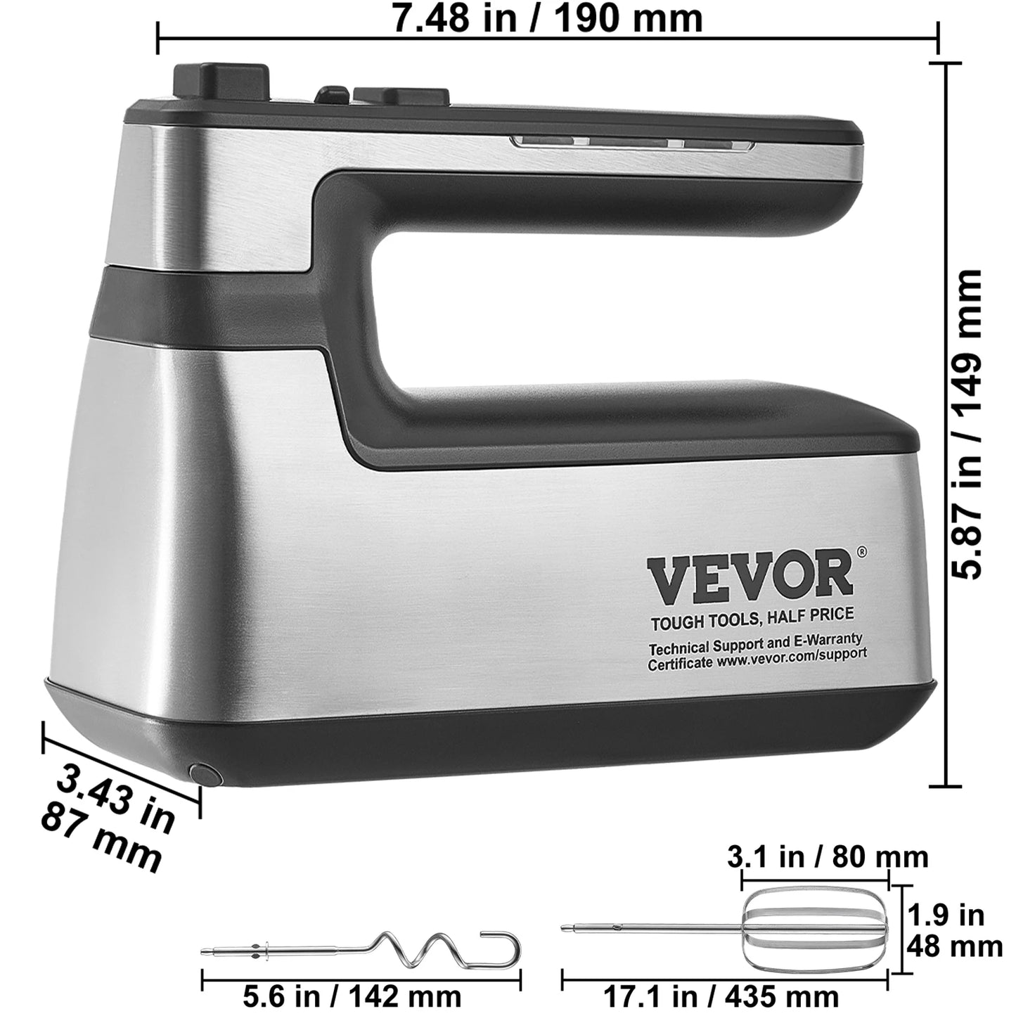 VEVOR Cordless Electric Hand Mixer 5 Gear Speed Handheld Mixer for Baking Whipping Mixing Eggs Cookies Cakes and Cream