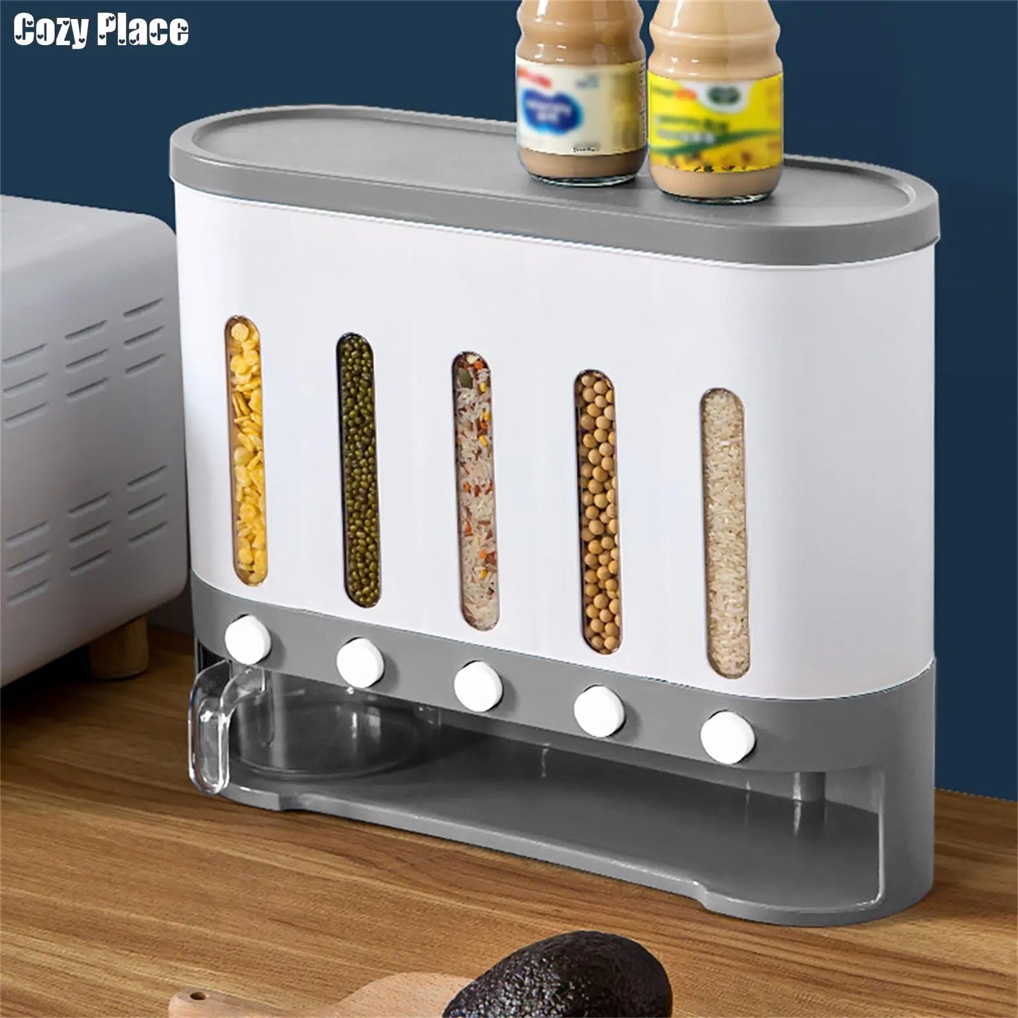 Wall Mounted Cereal Dispenser 5 Grid Dry Food Dispenser 10L Rice Grain Storage Container for Kitchen Home