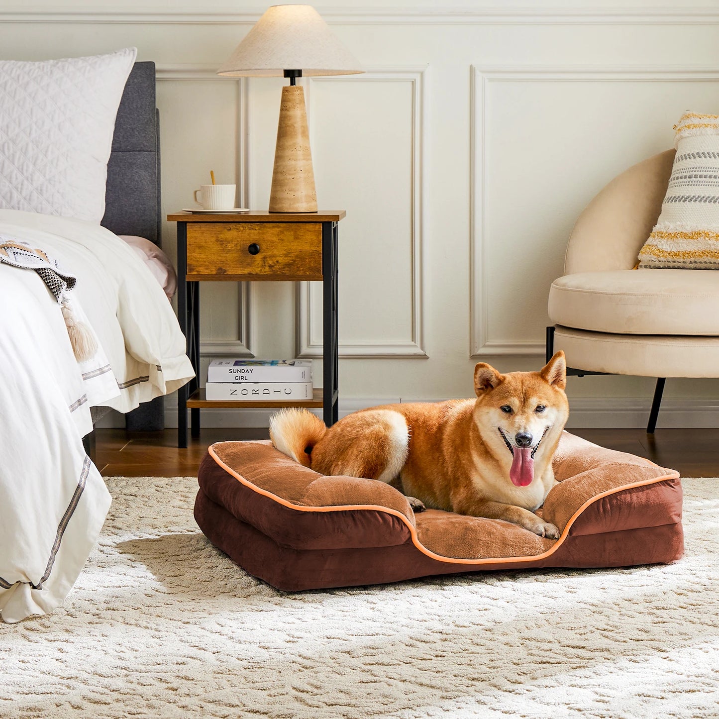 Orthopedic Calming Dog Bed for Medium to Large Dogs Washable Round Fluffy Plush Faux Fur Anti-Slip Pet Bed