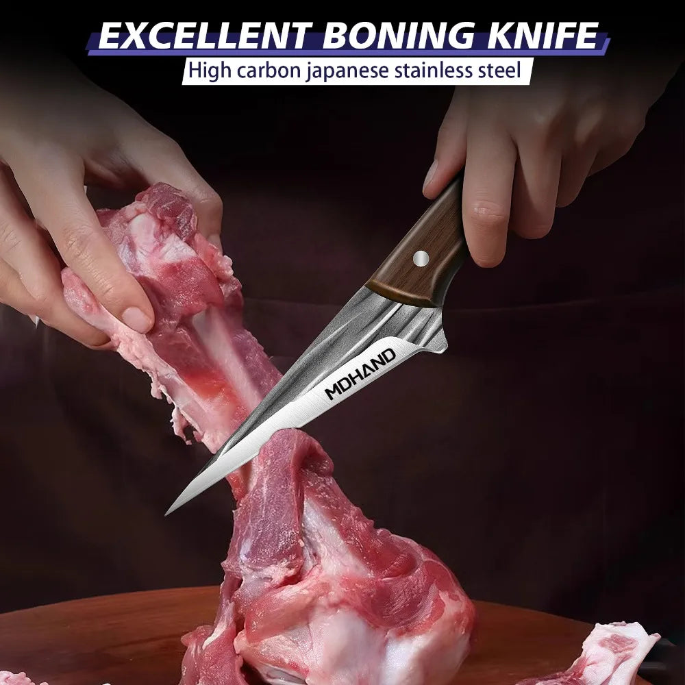 14 Pieces Hand Forged Chef Knife Set With Wood Handle Striped Blade Butcher Boning And Fruit Slicing Knives