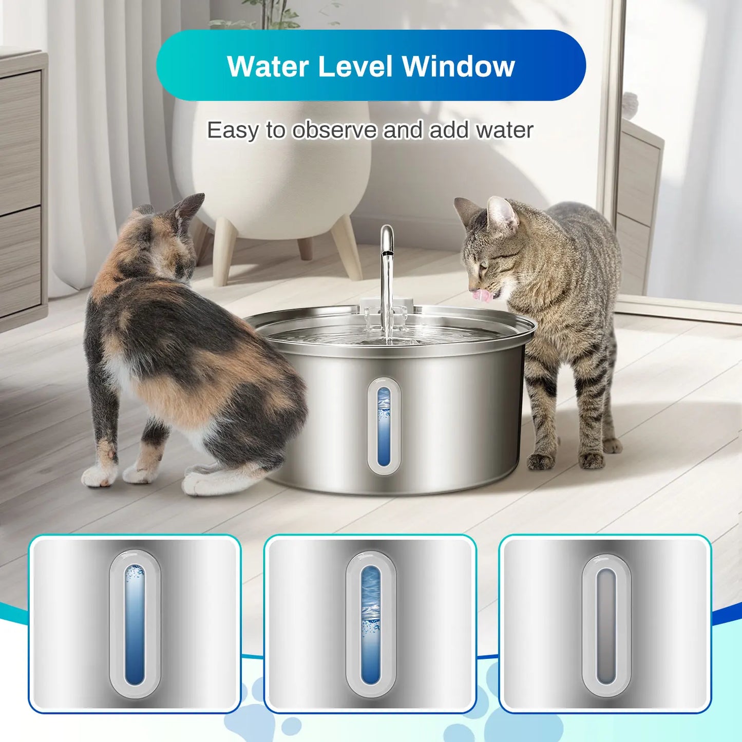 Cat Water Fountain Stainless Steel 108oz 32L Pet Water Fountain With Ultra Quiet Pump Filtration System Water Level Window