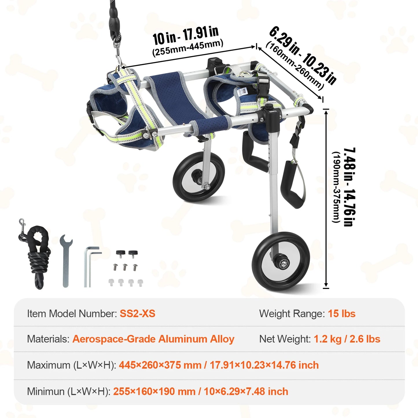 VEVOR 2 Wheels Dog Wheelchair for Back Legs Pet Wheelchair Dog Cart for Injured Disabled Paralysis Hind Limb Weak Pet