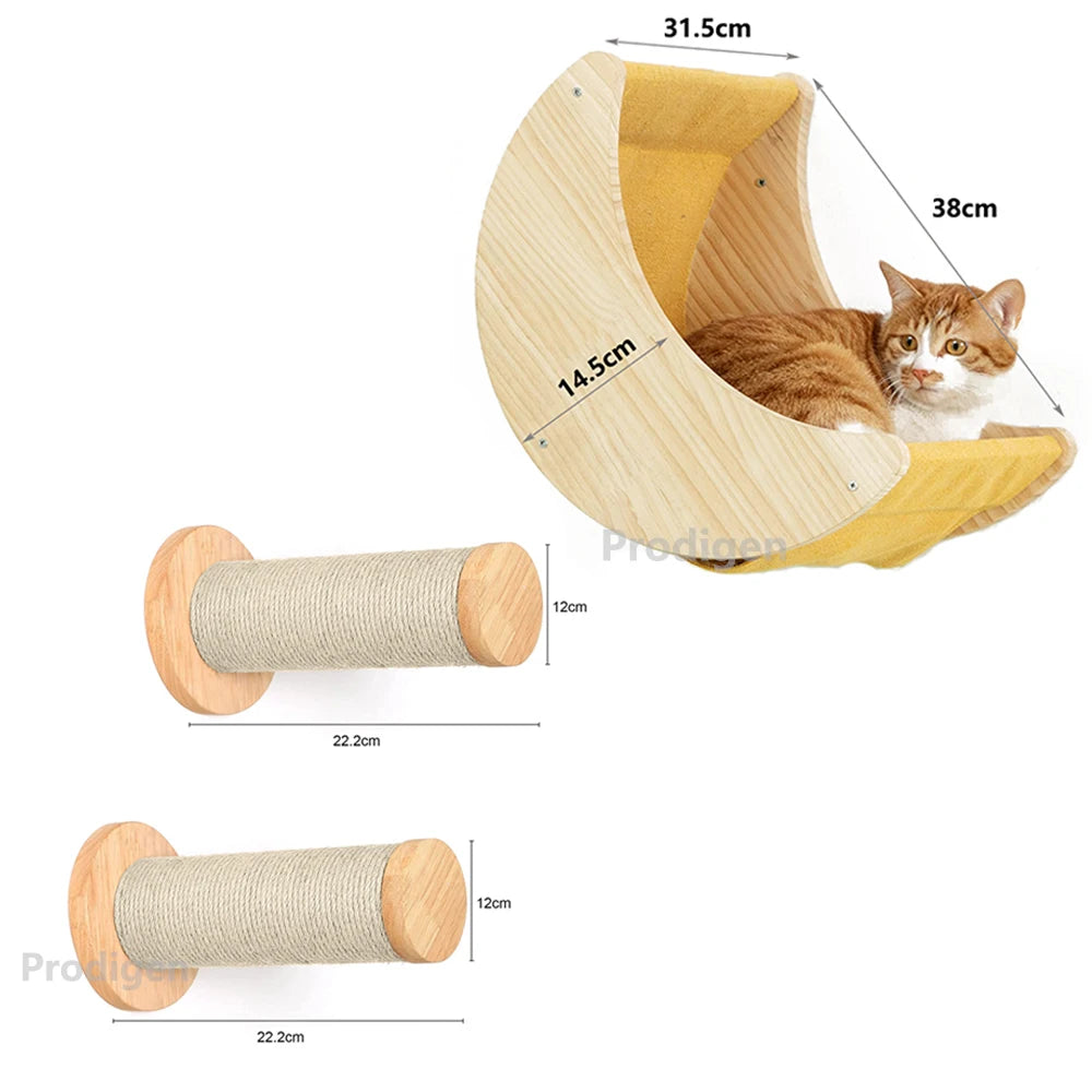 Cat Wall Climbing Shelf Set with Scratching Posts and Pet Bed for Indoor Cats