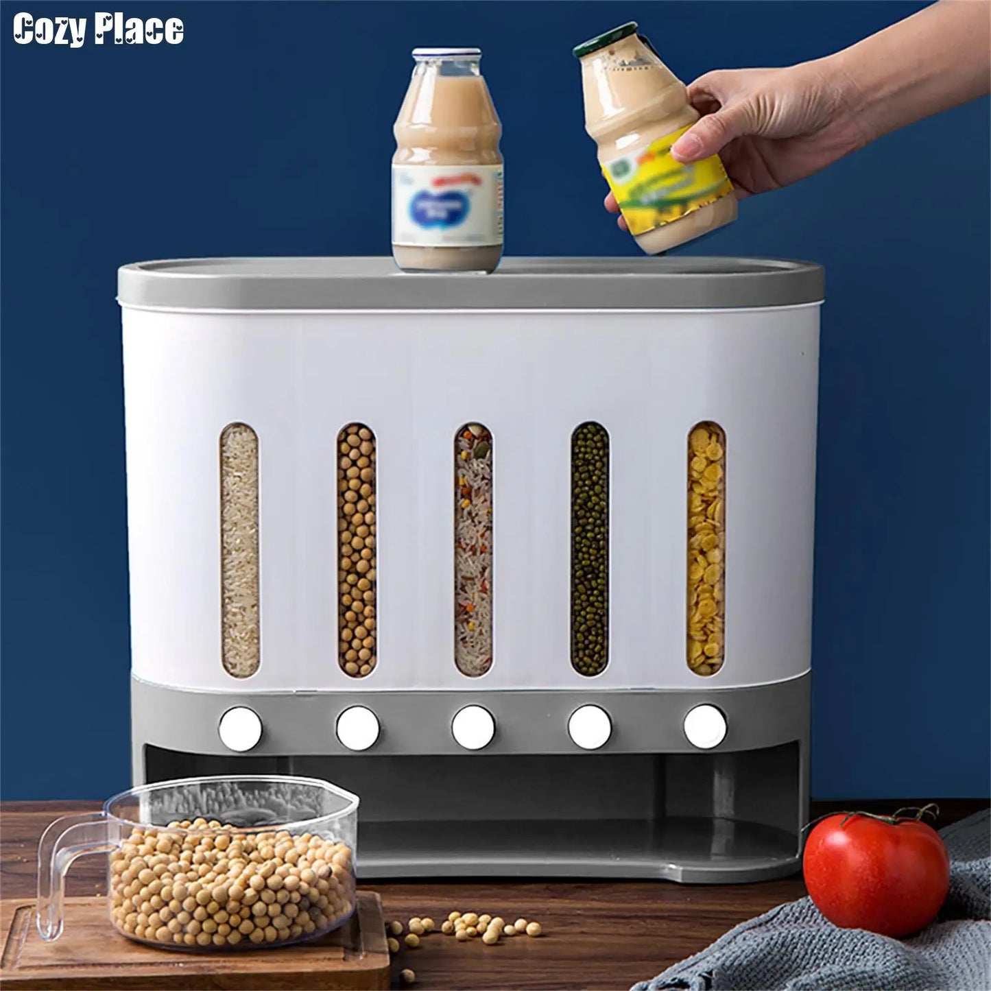 Wall Mounted Cereal Dispenser 5 Grid Dry Food Dispenser 10L Rice Grain Storage Container for Kitchen Home