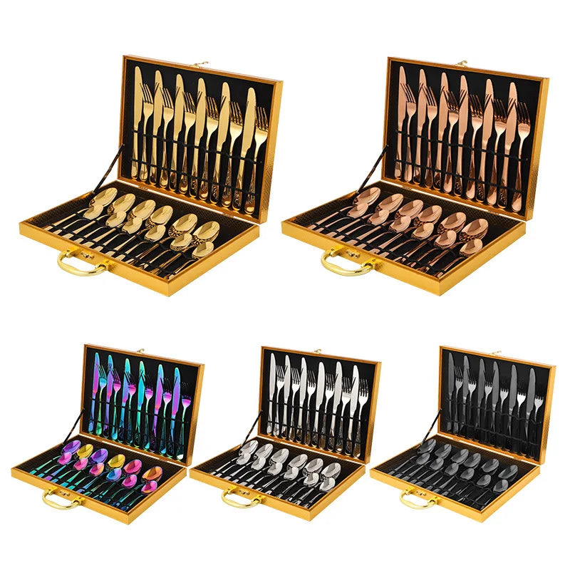 Stainless Steel Tableware Set of 24 Pieces with Wooden Box Western Tableware Knife Fork Spoon