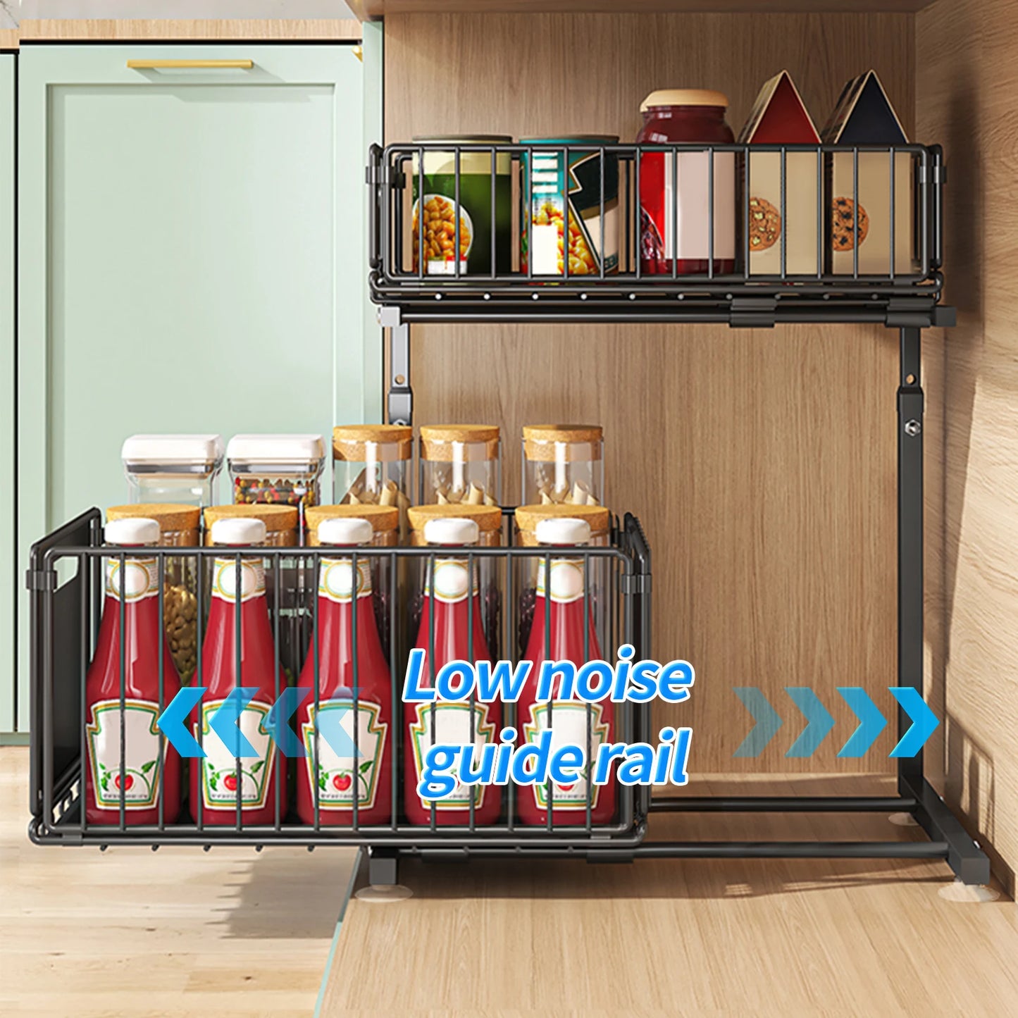 Kitchen Organizer and Storage with Upgraded Guide Rail Design for Smooth Cabinet Pull-Out