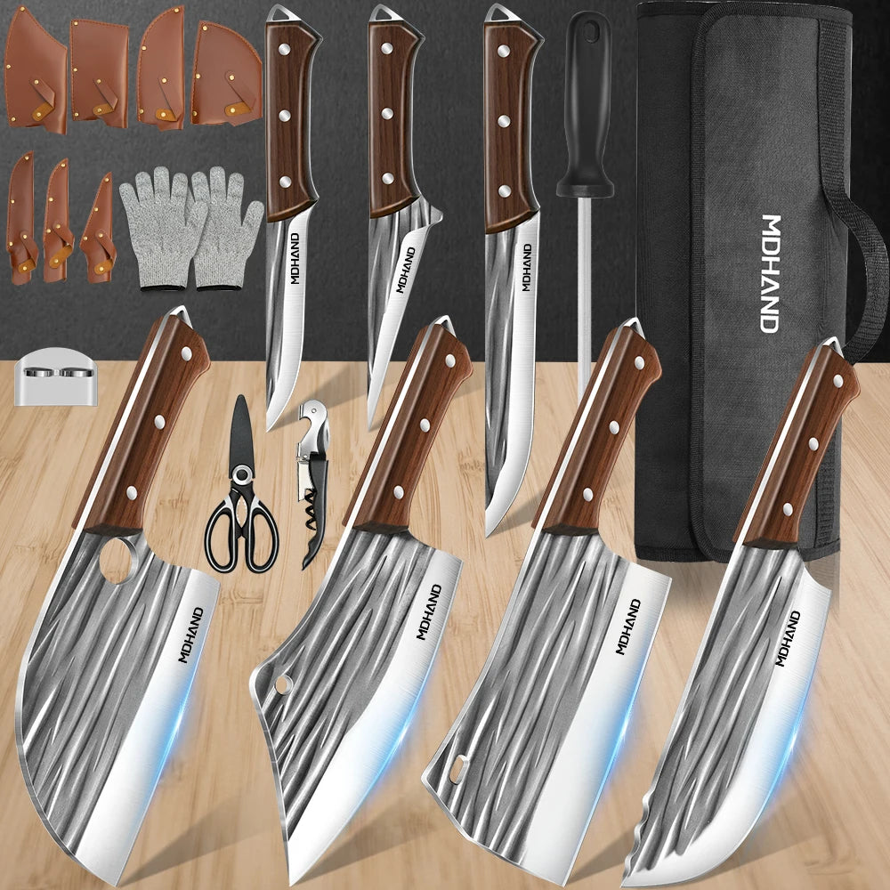 Meat Cleaver Knife Set 14 Pieces High Carbon Steel Professional Chef Kitchen Knives with Boning Knife Roll Bag and Accessories