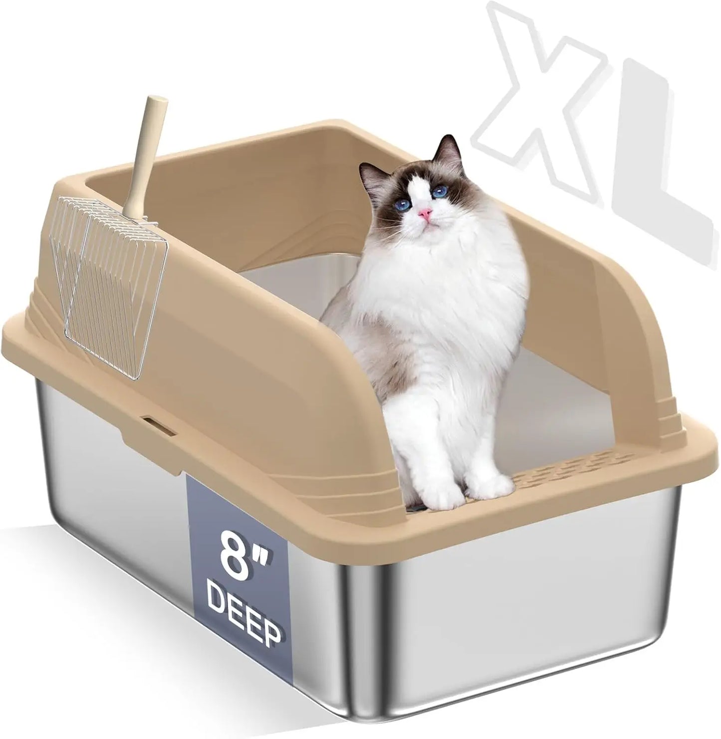 Stainless Steel Cat Litter Box with High Sides and Litter Scooper Easy Clean Anti-Leakage Design for Large Cats