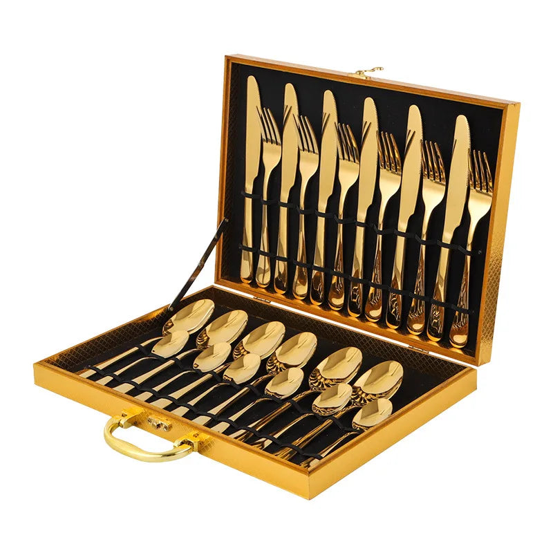 Stainless Steel Tableware Set of 24 Pieces with Wooden Box Western Tableware Knife Fork Spoon