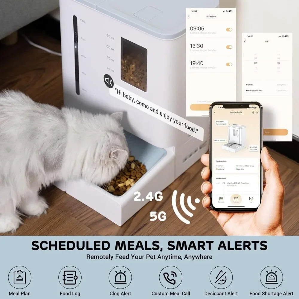 5G 2.4GHz WiFi Automatic Feeder and Waterer Set for Pets 300 Oz Large Capacity Two Weeks Two Way Power Supply Food Dispenser
