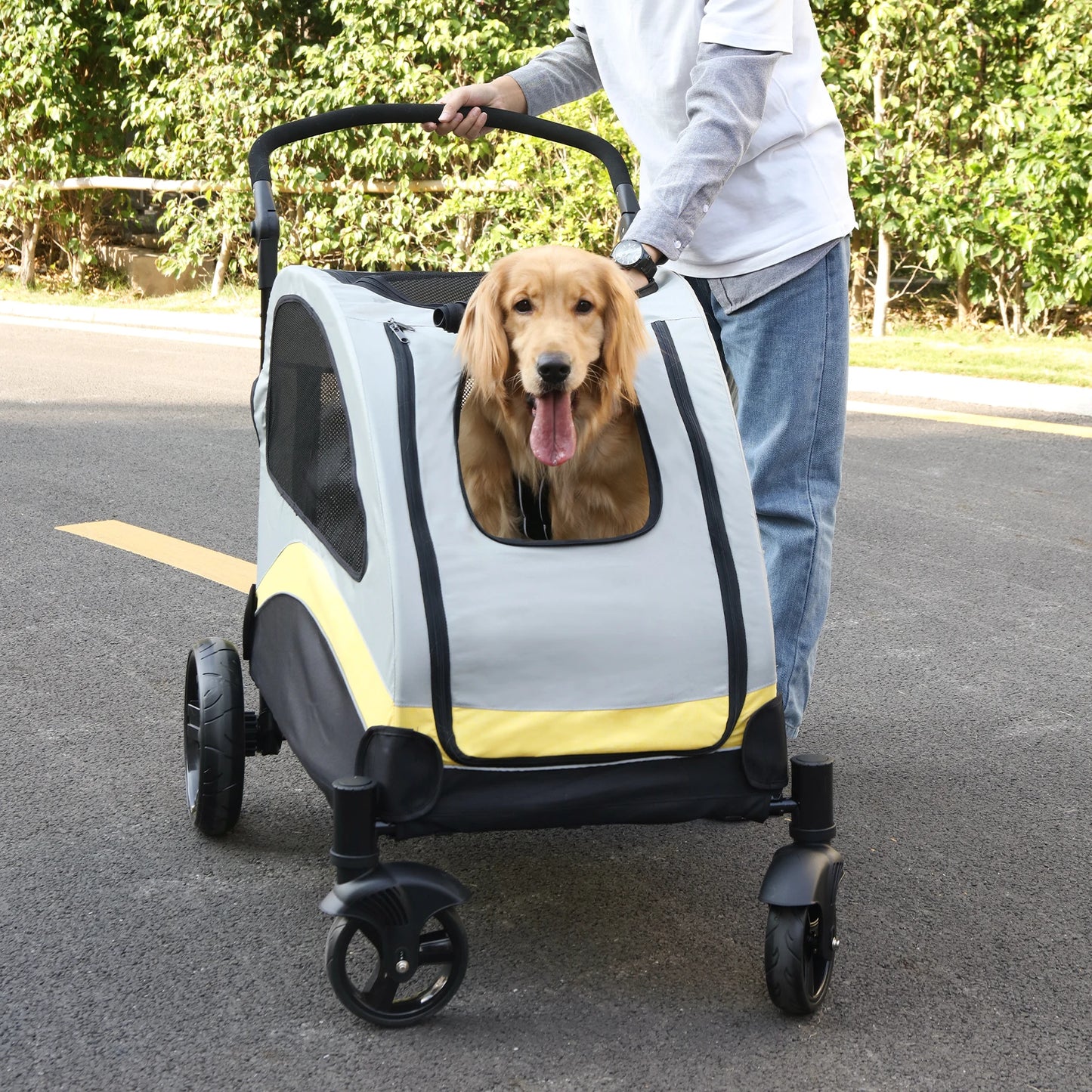 Portable Dog Stroller 4 Wheels Foldable Pet Cat Travel Carriage Breathable Carrier for Outside Play