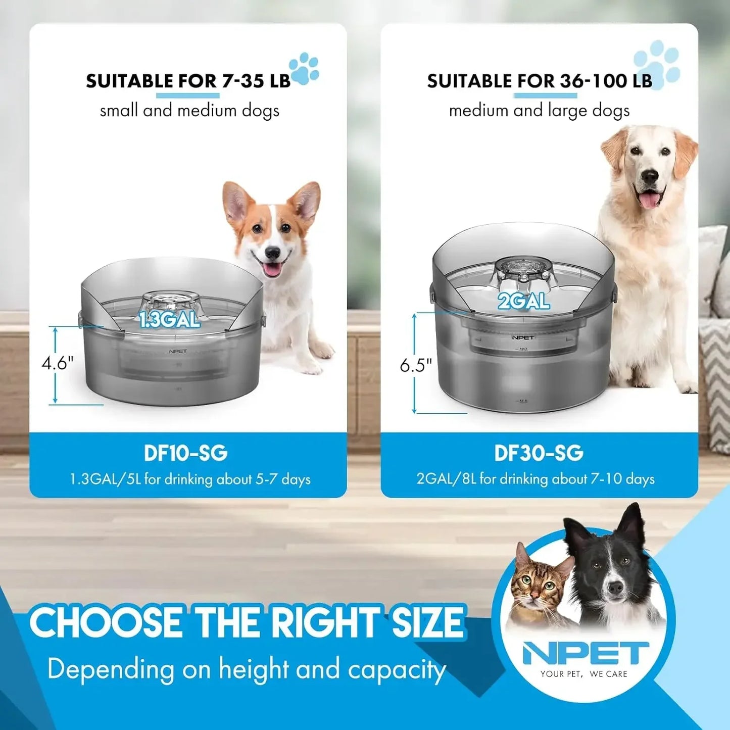 NPET Dog Water Fountain 2 Gallon 270oz 8L Large Automatic Dog Water Dispenser with Splatter Guard for Large Dogs and Multiple Pets