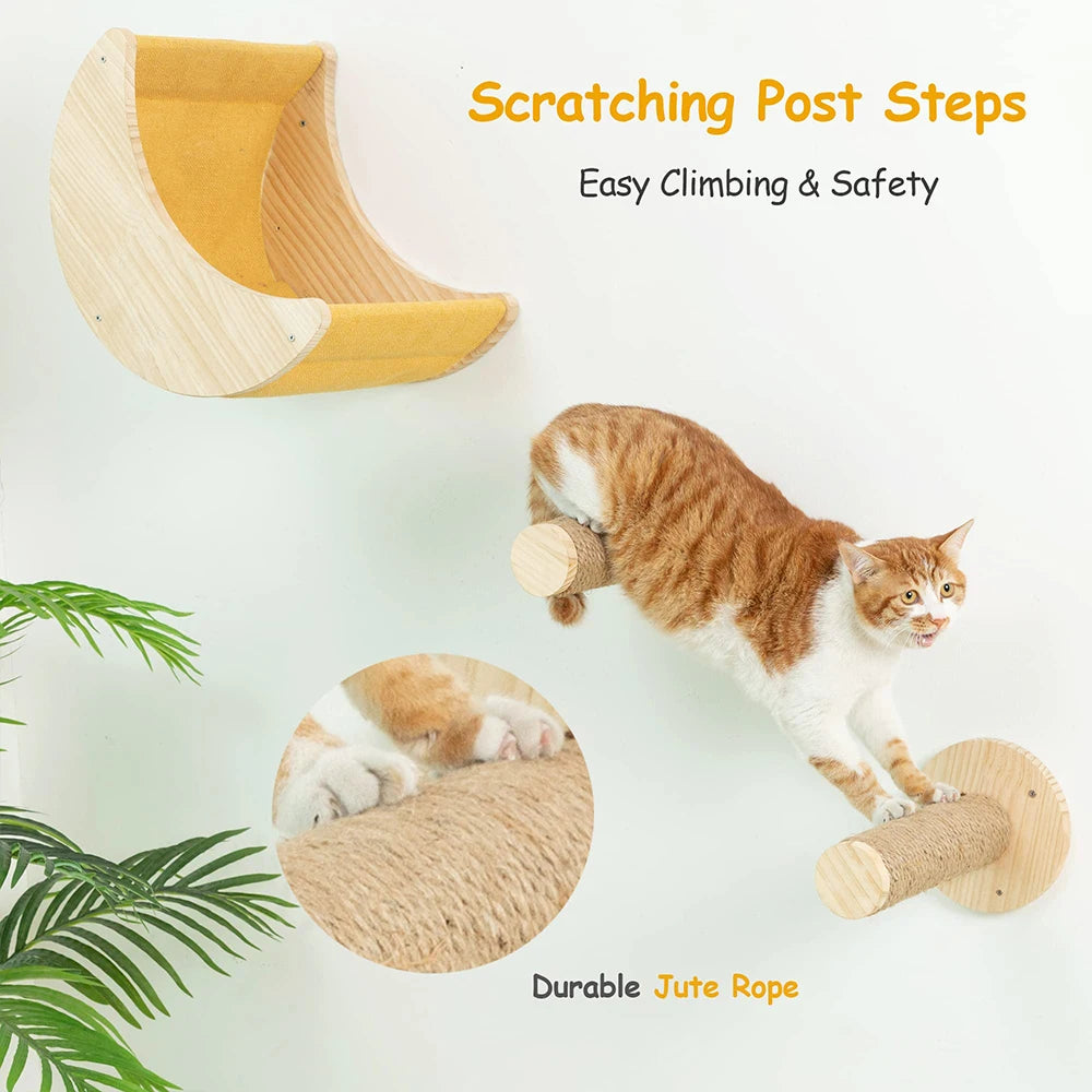 Cat Wall Climbing Shelf Set with Scratching Posts and Pet Bed for Indoor Cats