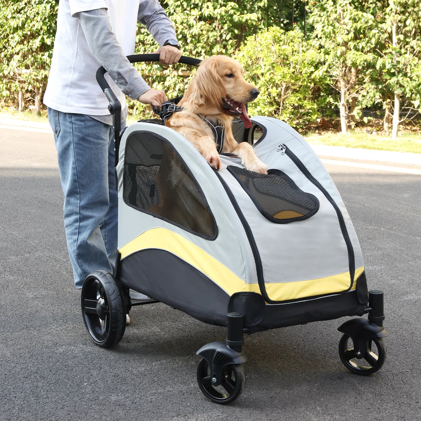 Portable Dog Stroller 4 Wheels Foldable Pet Cat Travel Carriage Breathable Carrier for Outside Play