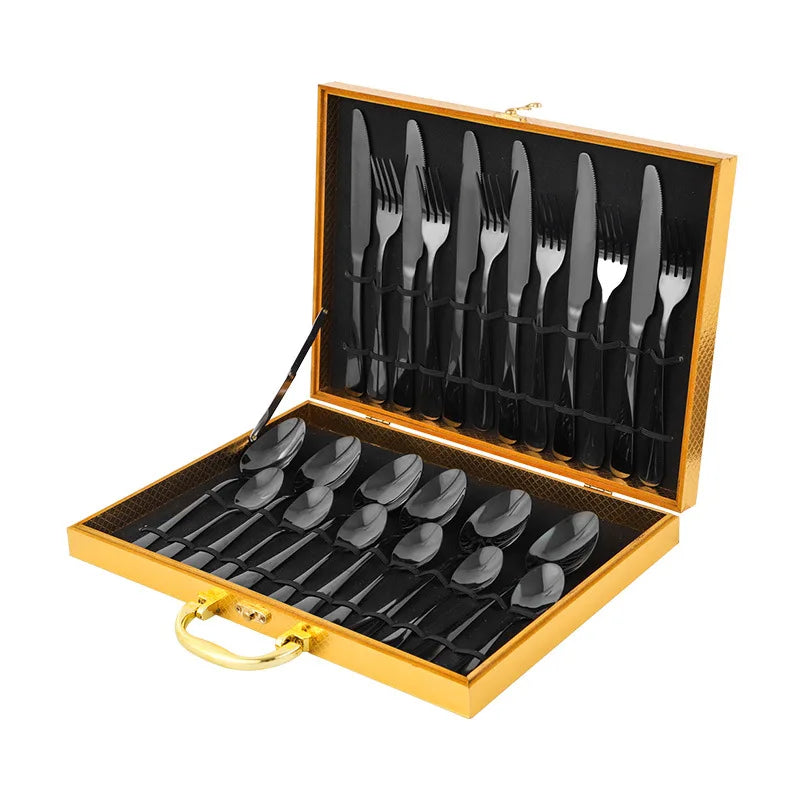 Stainless Steel Tableware Set of 24 Pieces with Wooden Box Western Tableware Knife Fork Spoon