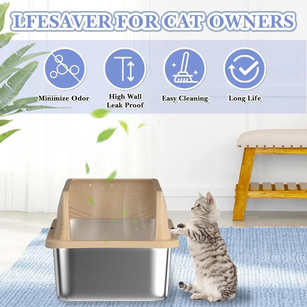 Stainless Steel Cat Litter Box with High Sides and Litter Scooper Easy Clean Anti-Leakage Design for Large Cats