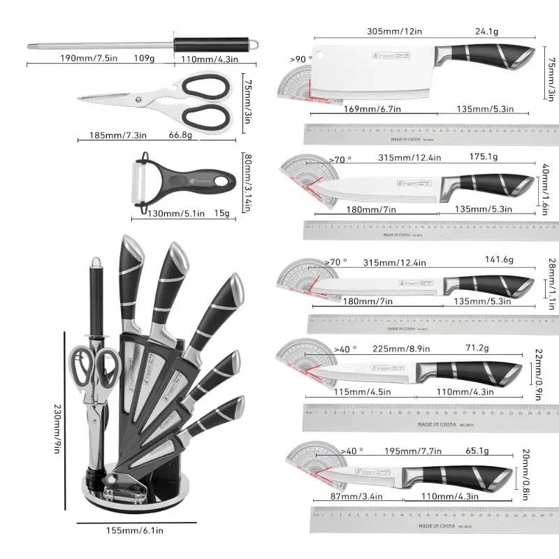 Kitchen Knife Set 9 Pieces Stainless Steel Sharp Non Stick Coated Chef Knives with Sharpener for Cutting Slicing Dicing Chopping