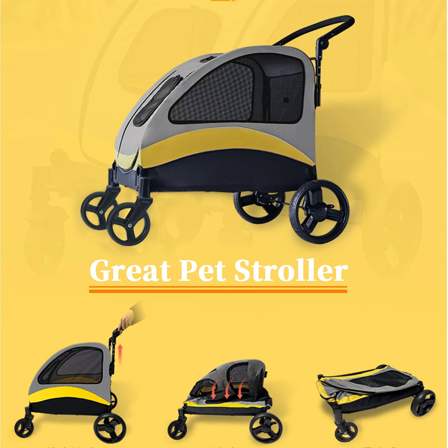Portable Dog Stroller 4 Wheels Foldable Pet Cat Travel Carriage Breathable Carrier for Outside Play