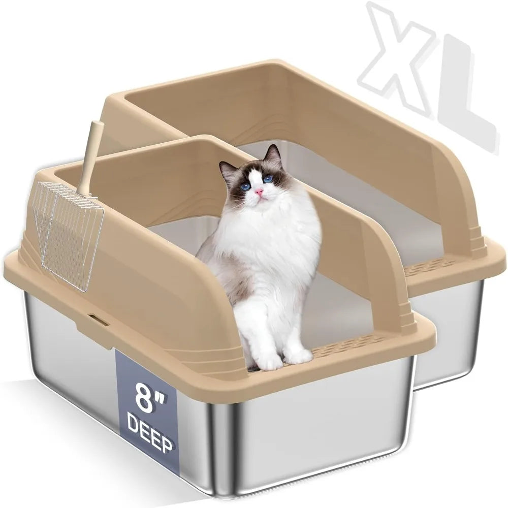 Stainless Steel Cat Litter Box with High Sides and Litter Scooper Easy Clean Anti-Leakage Design for Large Cats