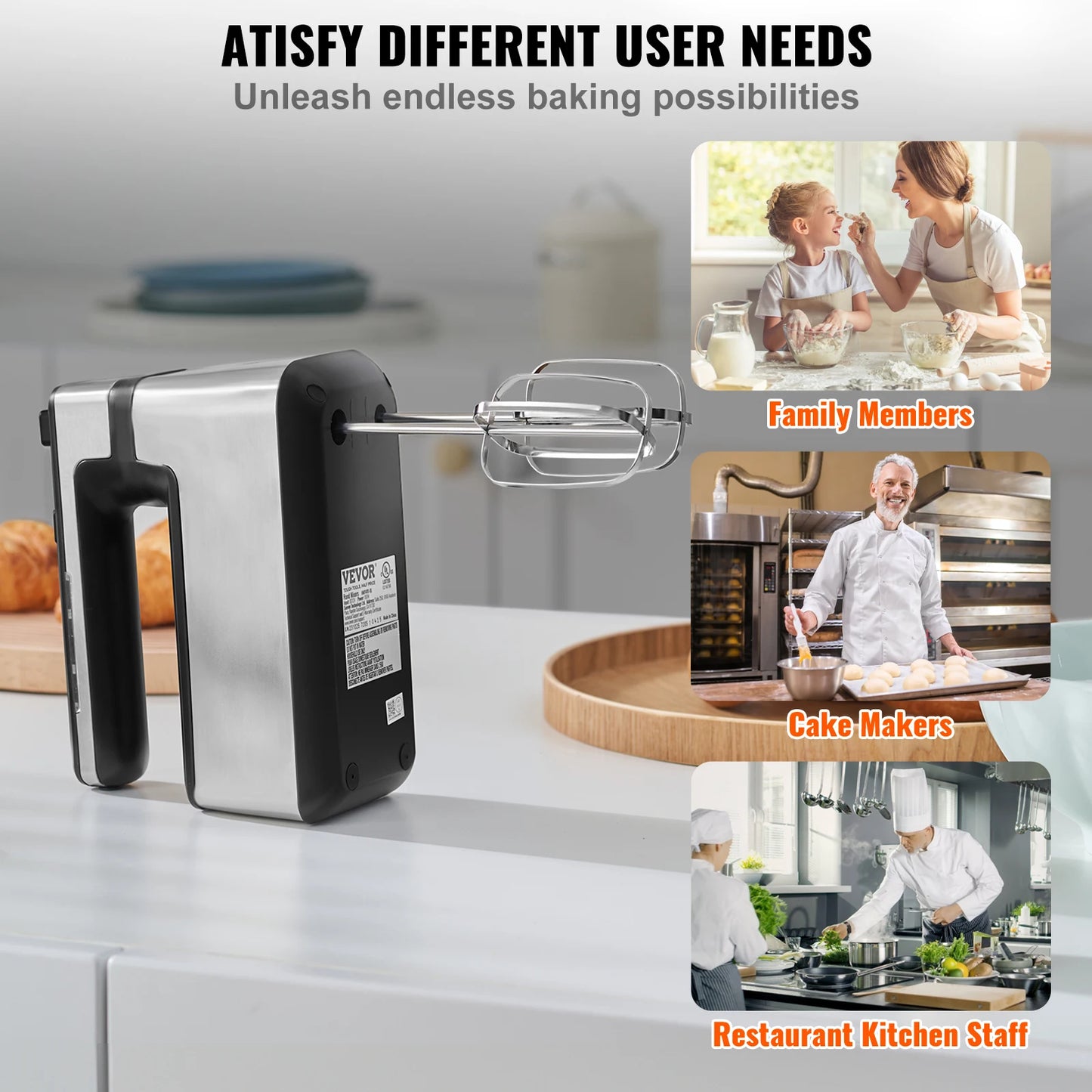 VEVOR Cordless Electric Hand Mixer 5 Gear Speed Handheld Mixer for Baking Whipping Mixing Eggs Cookies Cakes and Cream