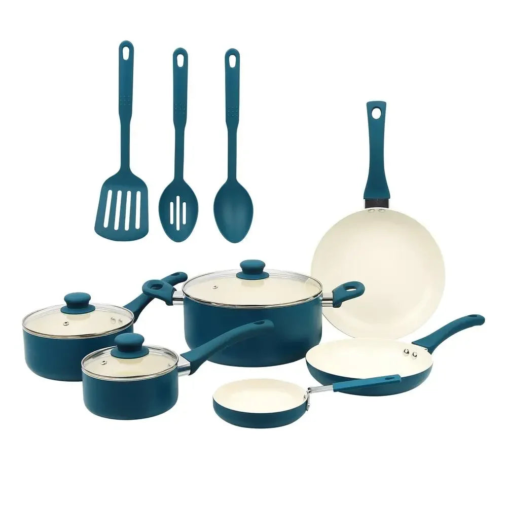 12 Piece Corsair Blue Nonstick Aluminum Cookware Set Home Kitchen Utensil Collection