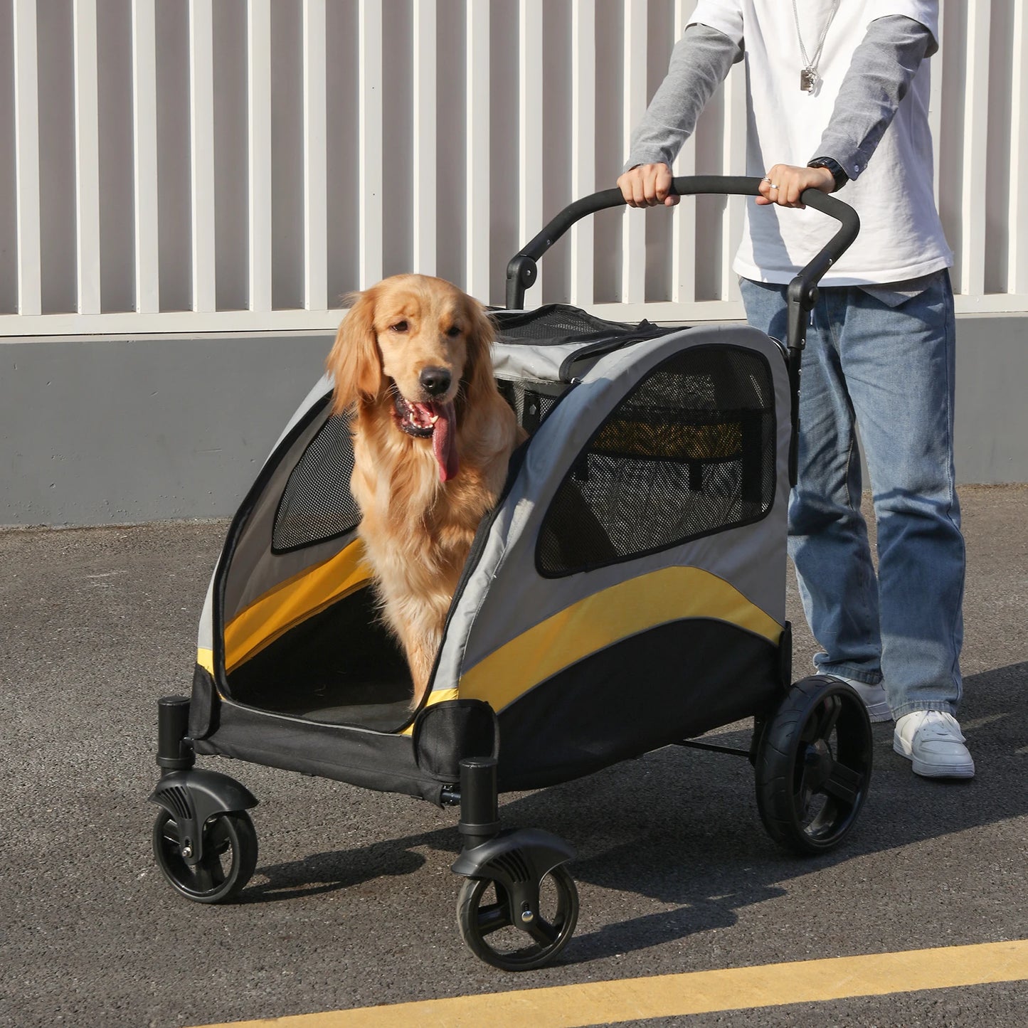 Portable Dog Stroller 4 Wheels Foldable Pet Cat Travel Carriage Breathable Carrier for Outside Play