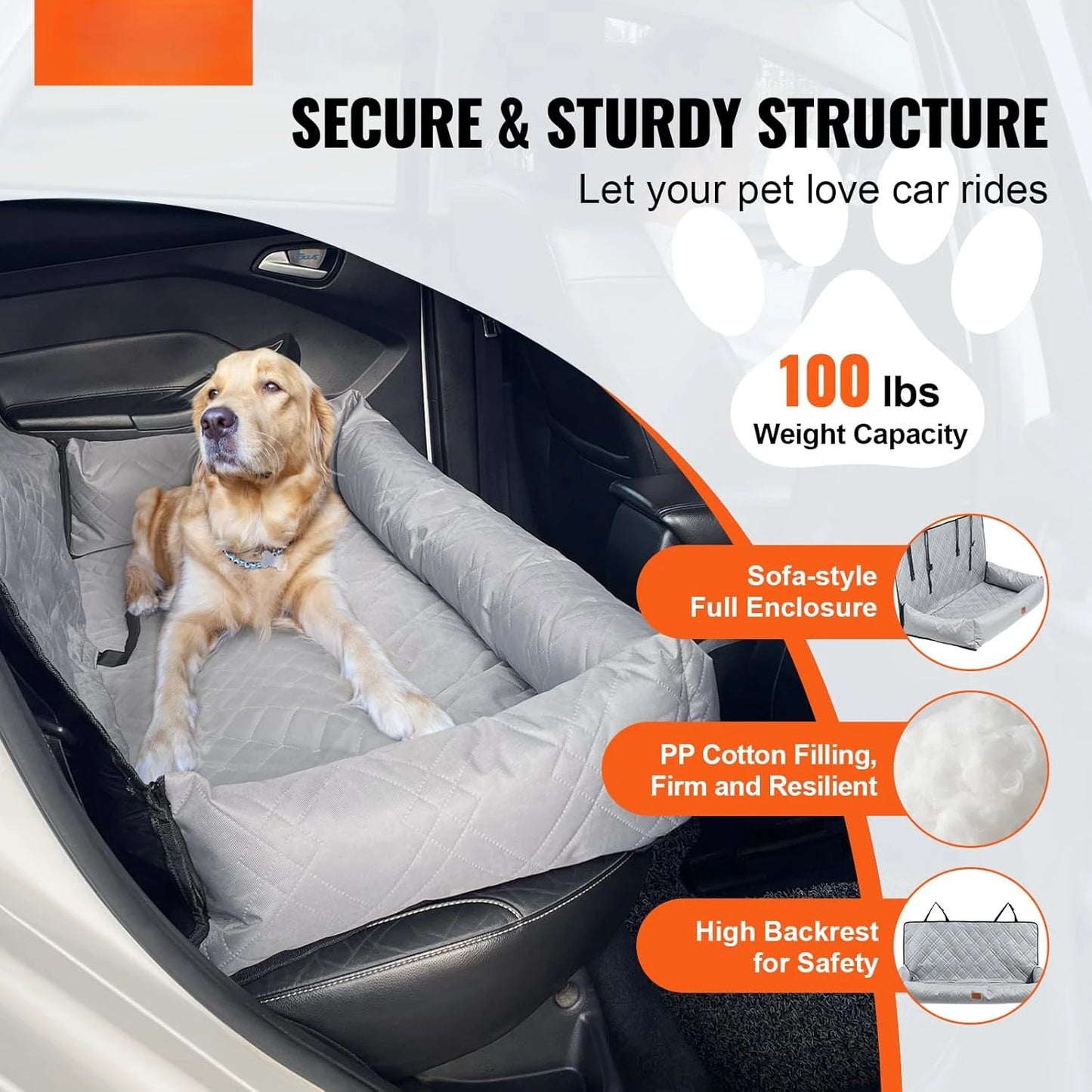 Dog Car Seat Waterproof Dog Booster Seat for Car Pet Seat with Clip-On Safety Leash PP Cotton Filling Vehicle Bed for Medium and Large Pets Up to 100 Pounds