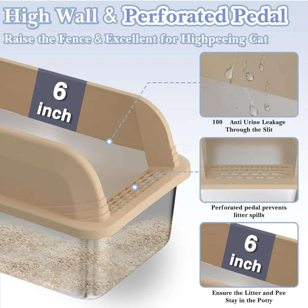 Stainless Steel Cat Litter Box with High Sides and Litter Scooper Easy Clean Anti-Leakage Design for Large Cats