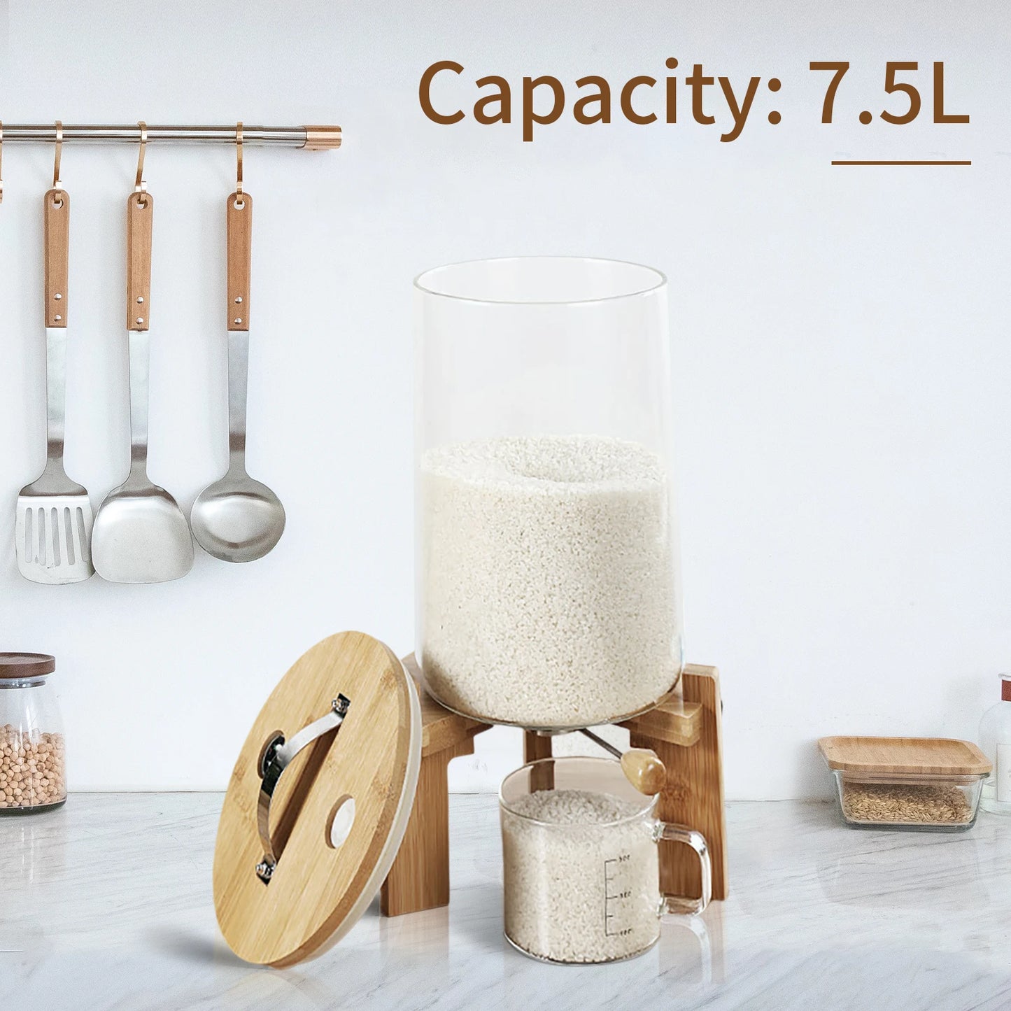 Flour And Cereal Container 5L 7.5L Rice Dispenser Glass Food Storage For Kitchen Organization