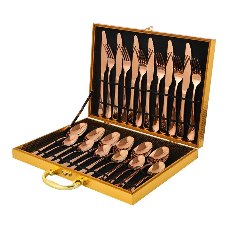 Stainless Steel Tableware Set of 24 Pieces with Wooden Box Western Tableware Knife Fork Spoon